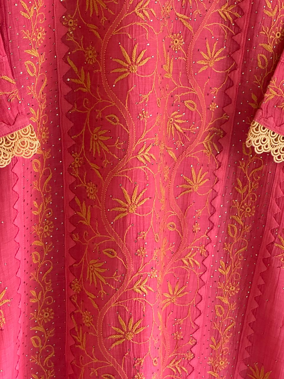 Tulip Pink Malmal Mukaish Kamdani Chikankari Stitched Kurta Dupatta Set