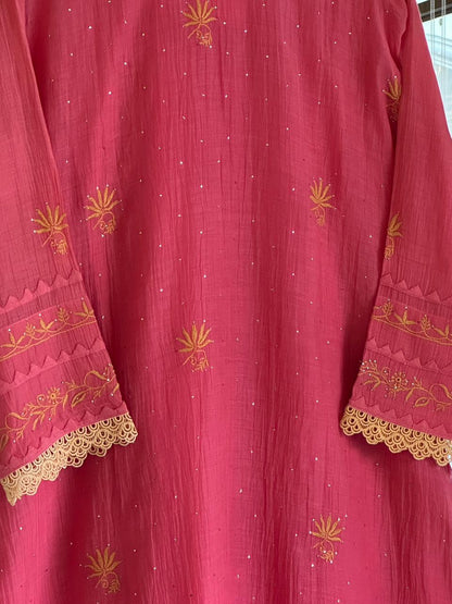 Tulip Pink Malmal Mukaish Kamdani Chikankari Stitched Kurta Dupatta Set