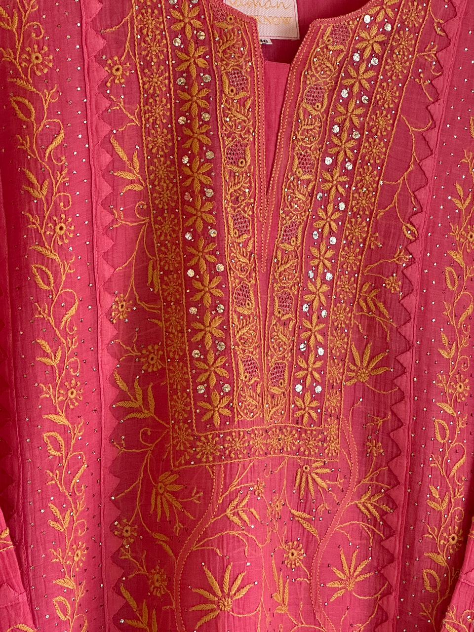 Tulip Pink Malmal Mukaish Kamdani Chikankari Stitched Kurta Dupatta Set