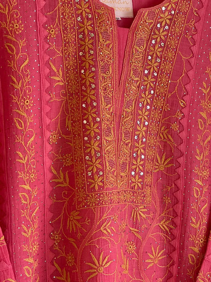 Tulip Pink Malmal Mukaish Kamdani Chikankari Stitched Kurta Dupatta Set