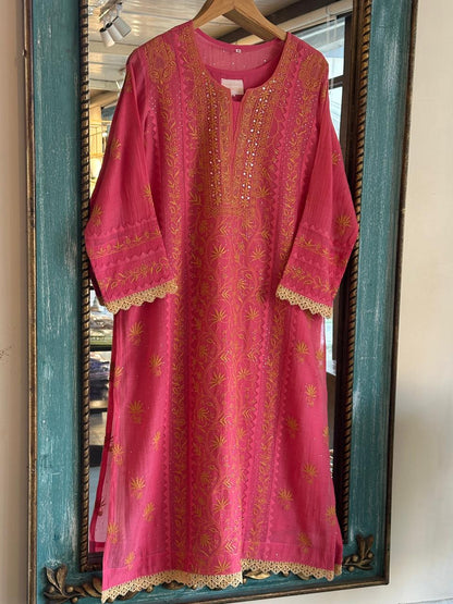 Tulip Pink Malmal Mukaish Kamdani Chikankari Stitched Kurta Dupatta Set