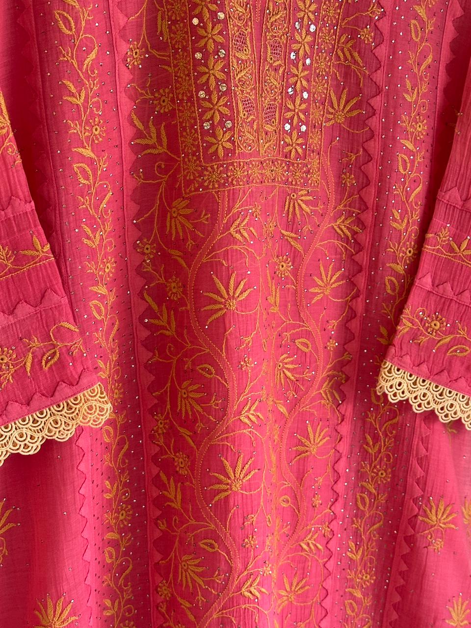 Tulip Pink Malmal Mukaish Kamdani Chikankari Stitched Kurta Dupatta Set