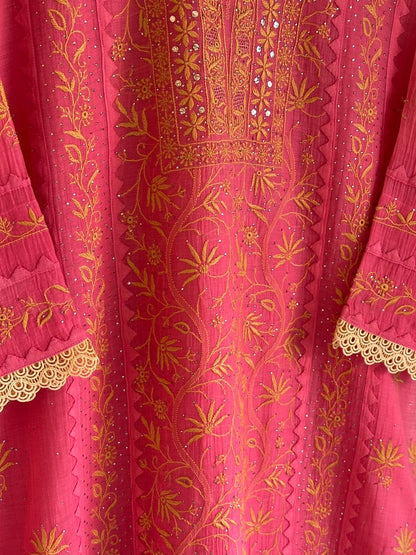 Tulip Pink Malmal Mukaish Kamdani Chikankari Stitched Kurta Dupatta Set