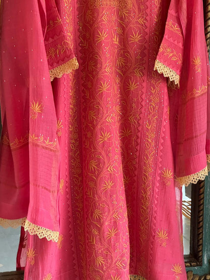 Tulip Pink Malmal Mukaish Kamdani Chikankari Stitched Kurta Dupatta Set