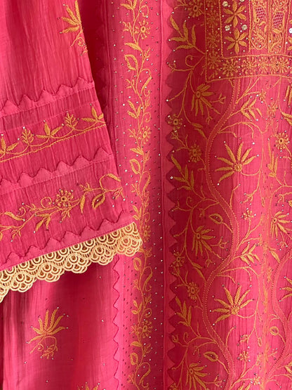 Tulip Pink Malmal Mukaish Kamdani Chikankari Stitched Kurta Dupatta Set