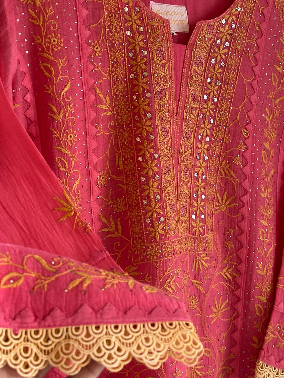 Tulip Pink Malmal Mukaish Kamdani Chikankari Stitched Kurta Dupatta Set