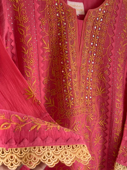 Tulip Pink Malmal Mukaish Kamdani Chikankari Stitched Kurta Dupatta Set