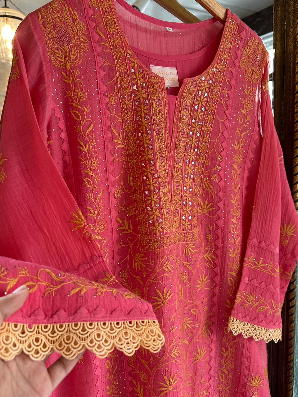 Tulip Pink Malmal Mukaish Kamdani Chikankari Stitched Kurta Dupatta Set