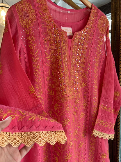 Tulip Pink Malmal Mukaish Kamdani Chikankari Stitched Kurta Dupatta Set