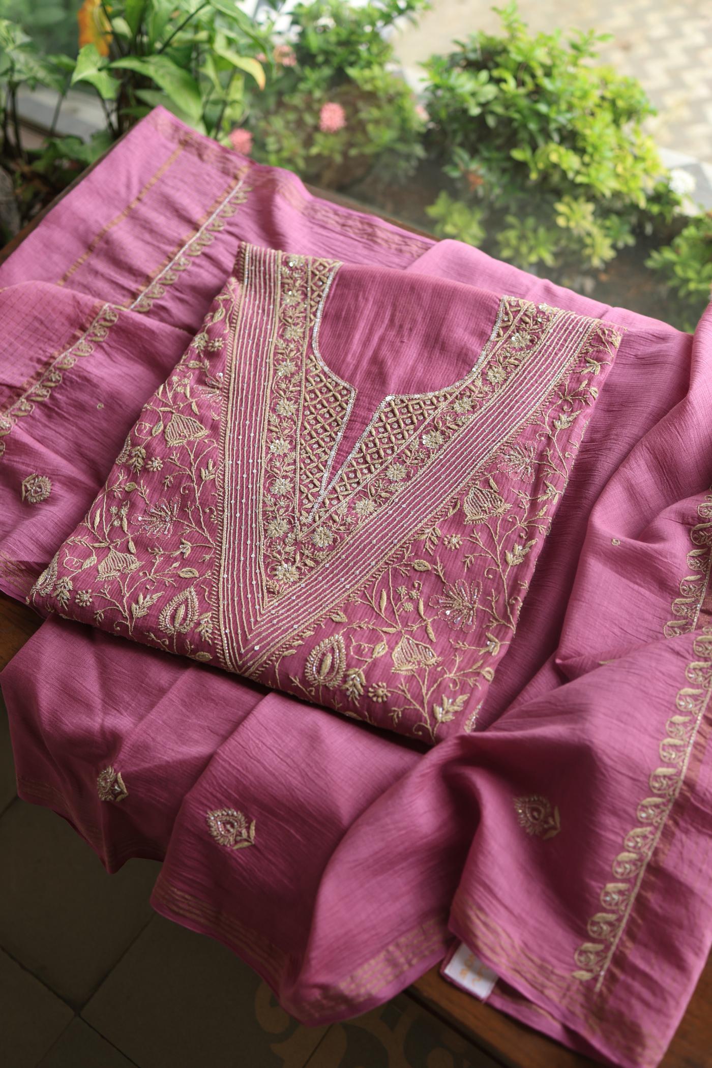 Tulip Pink Shade Mal Maheshwari Chikankari Unstitched Fabric