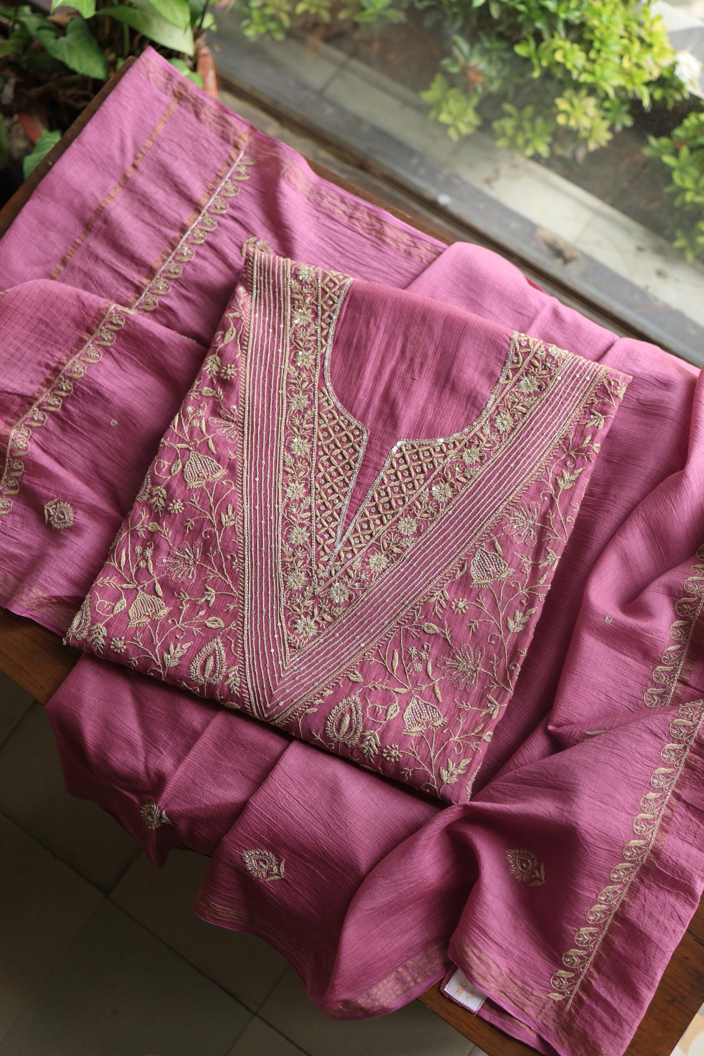 Tulip Pink Shade Mal Maheshwari Chikankari Unstitched Fabric