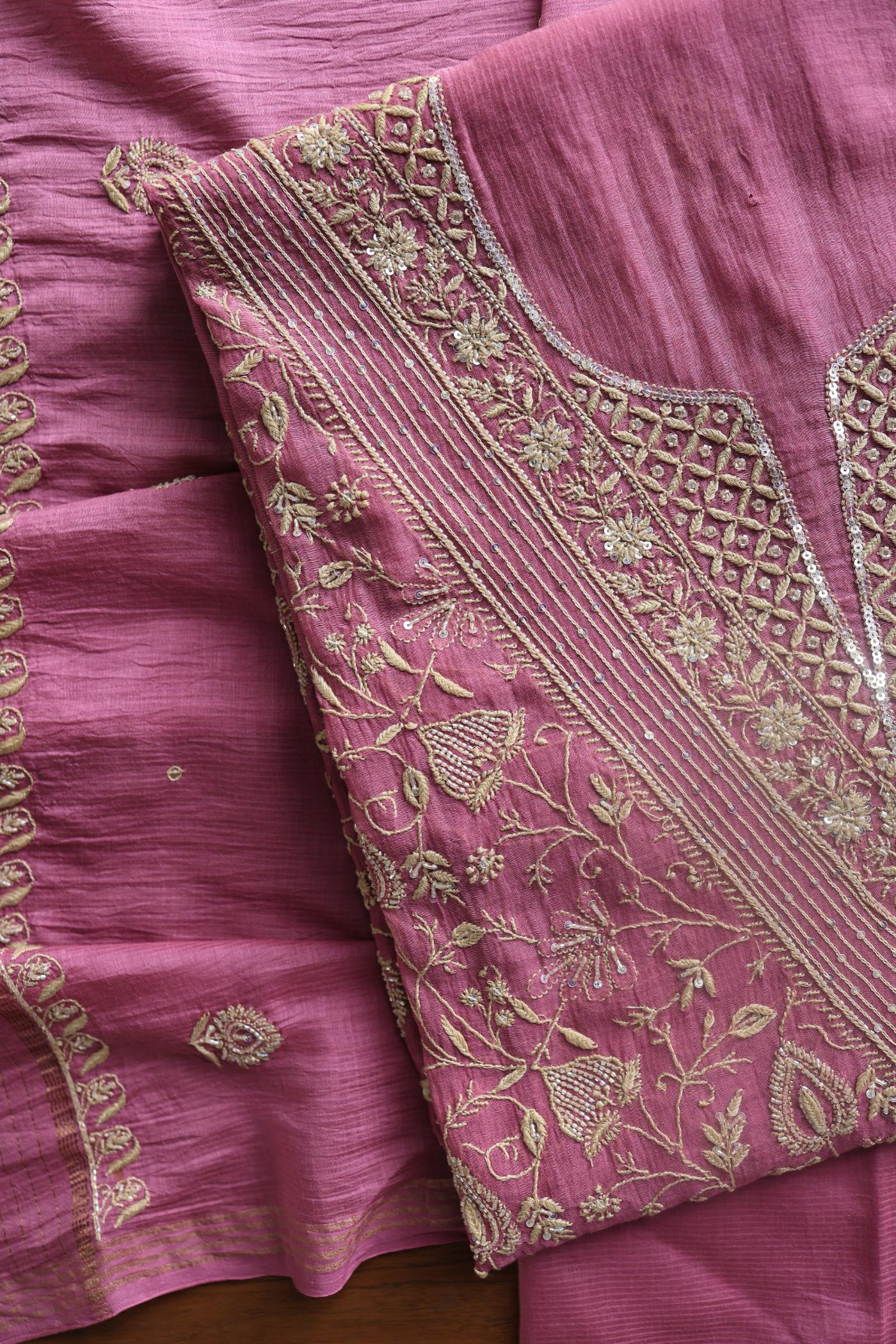 Tulip Pink Shade Mal Maheshwari Chikankari Unstitched Fabric