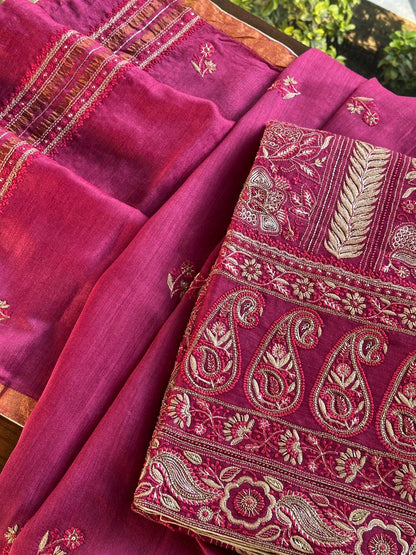 Tulip Pink Shade Moonga Silk Chikankari Unstitched Fabric
