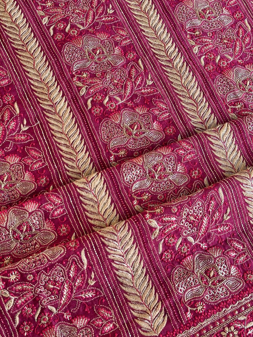 Tulip Pink Shade Moonga Silk Chikankari Unstitched Fabric