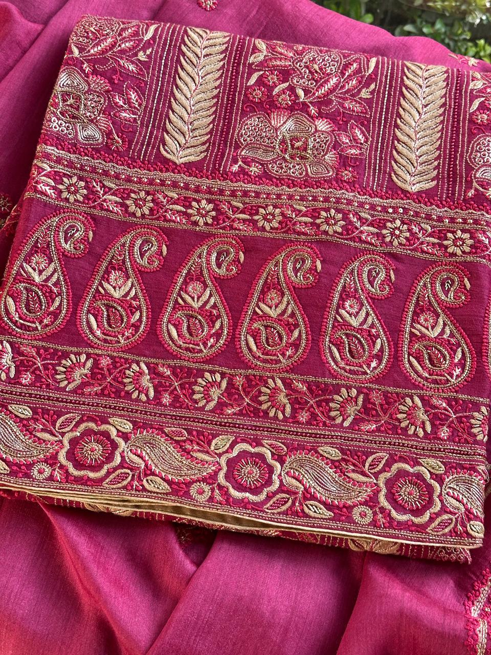 Tulip Pink Shade Moonga Silk Chikankari Unstitched Fabric