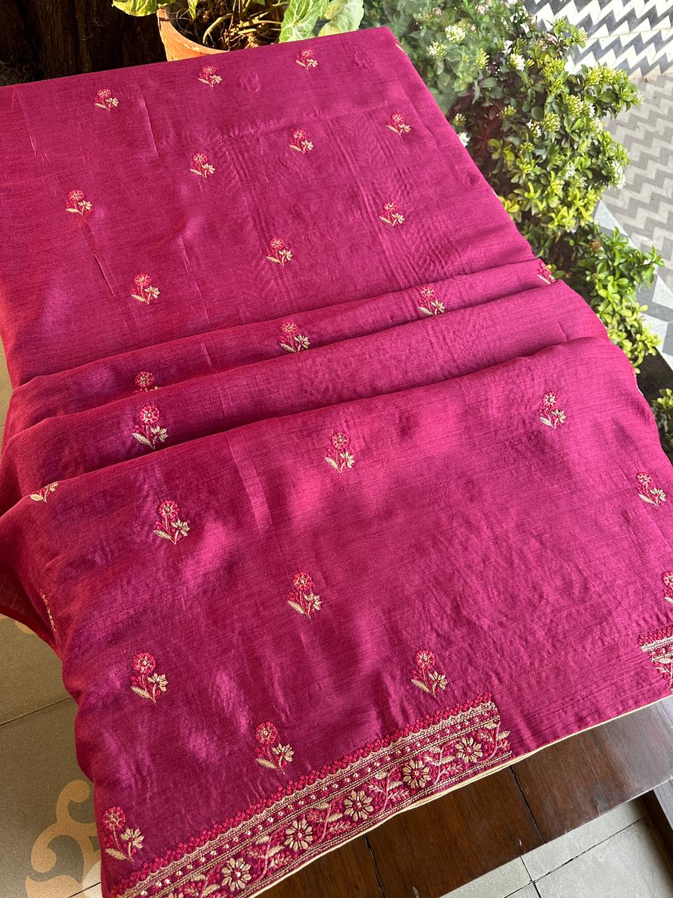 Tulip Pink Shade Moonga Silk Chikankari Unstitched Fabric