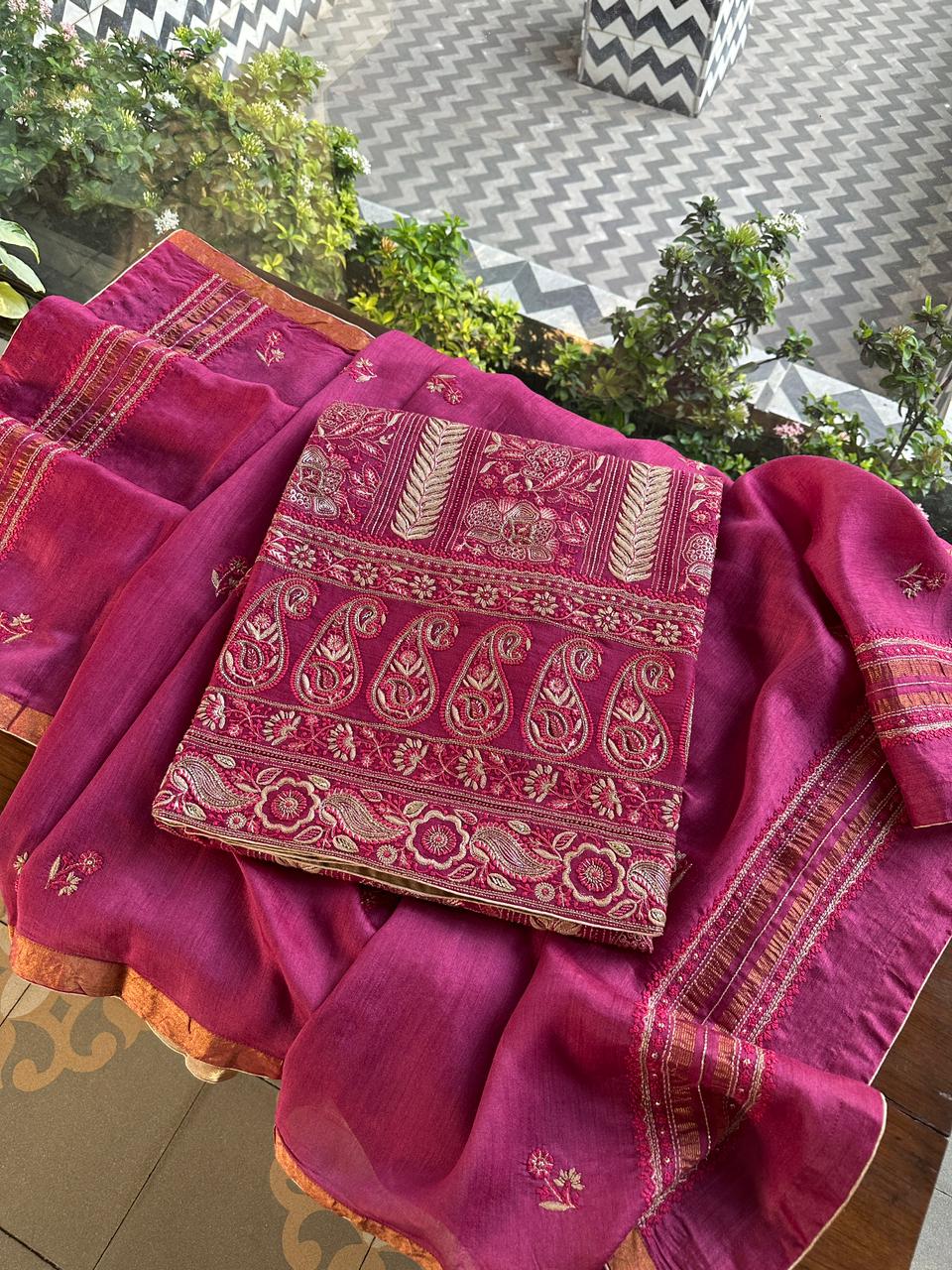Tulip Pink Shade Moonga Silk Chikankari Unstitched Fabric