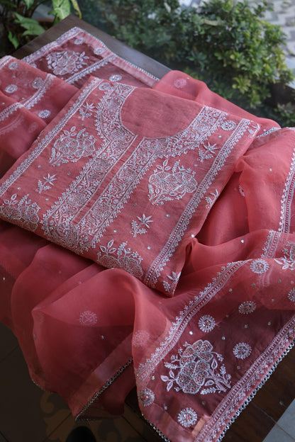 Tulip Pink Shade Silver Tissue Silk Chikankari Unstitched Fabric