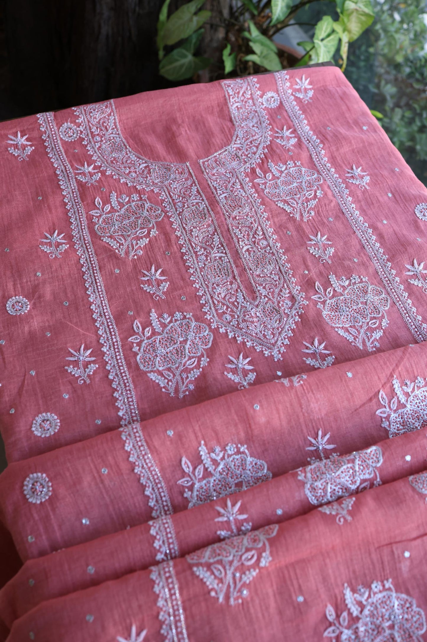 Tulip Pink Shade Silver Tissue Silk Chikankari Unstitched Fabric