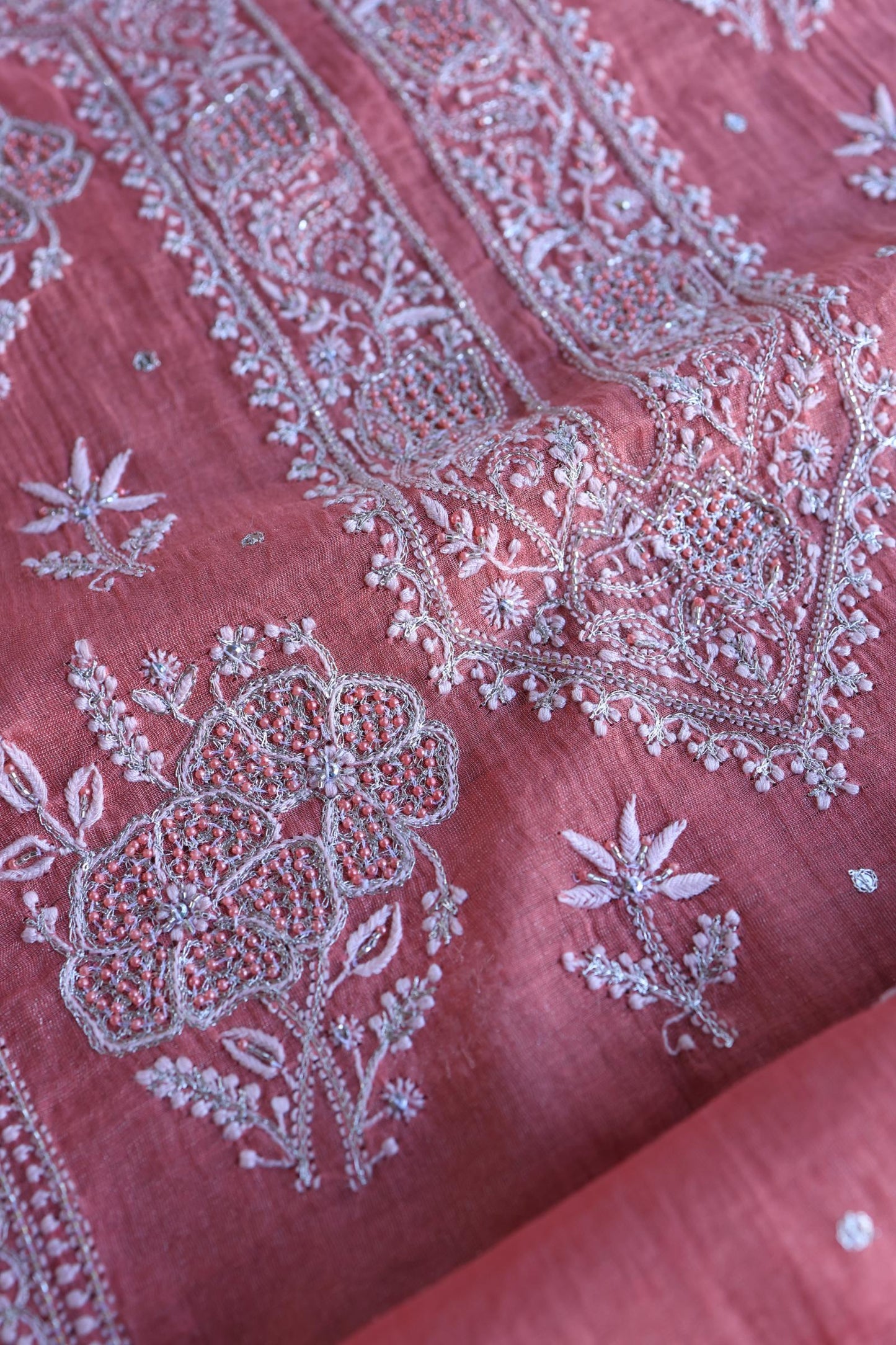 Tulip Pink Shade Silver Tissue Silk Chikankari Unstitched Fabric