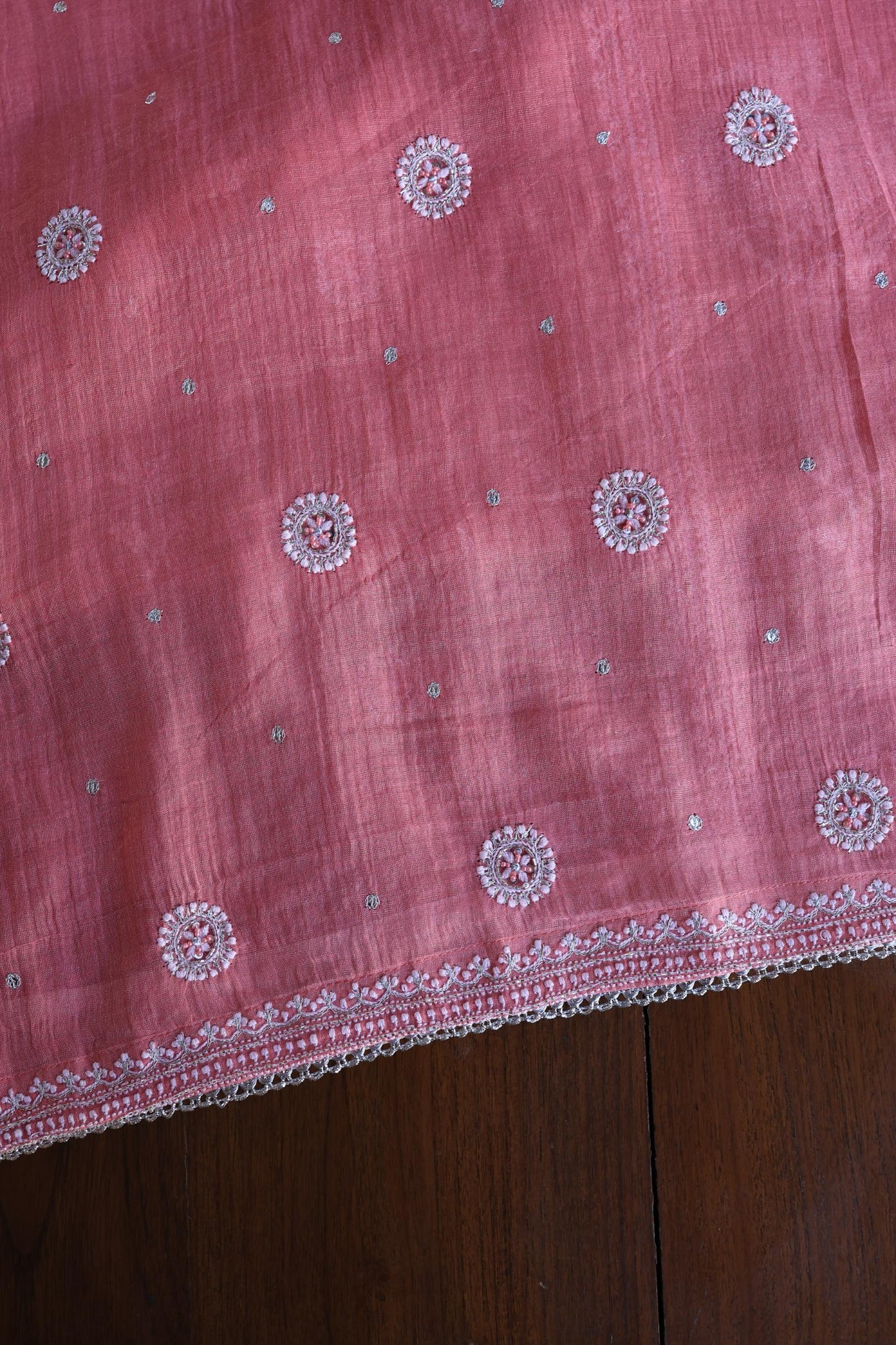 Tulip Pink Shade Silver Tissue Silk Chikankari Unstitched Fabric