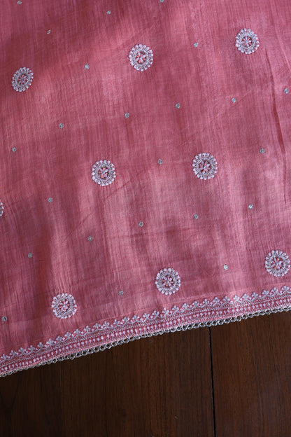 Tulip Pink Shade Silver Tissue Silk Chikankari Unstitched Fabric