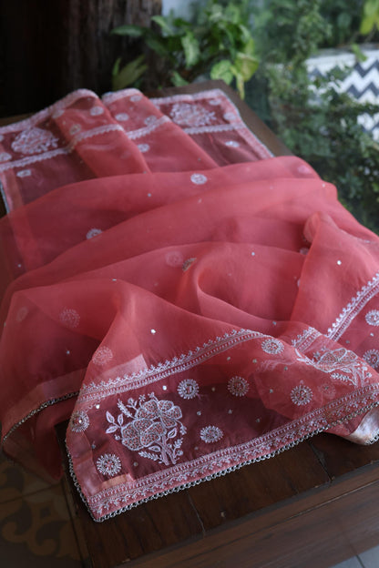 Tulip Pink Shade Silver Tissue Silk Chikankari Unstitched Fabric