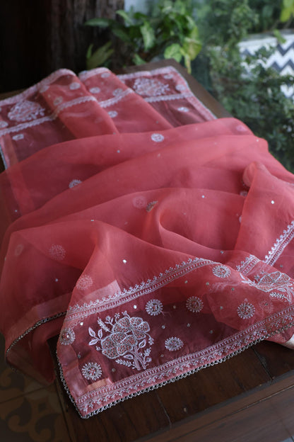 Tulip Pink Shade Silver Tissue Silk Chikankari Unstitched Fabric