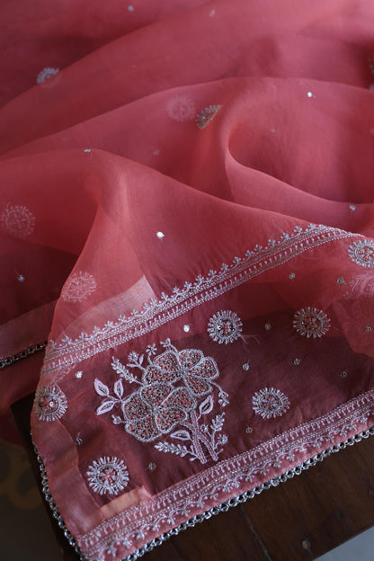 Tulip Pink Shade Silver Tissue Silk Chikankari Unstitched Fabric