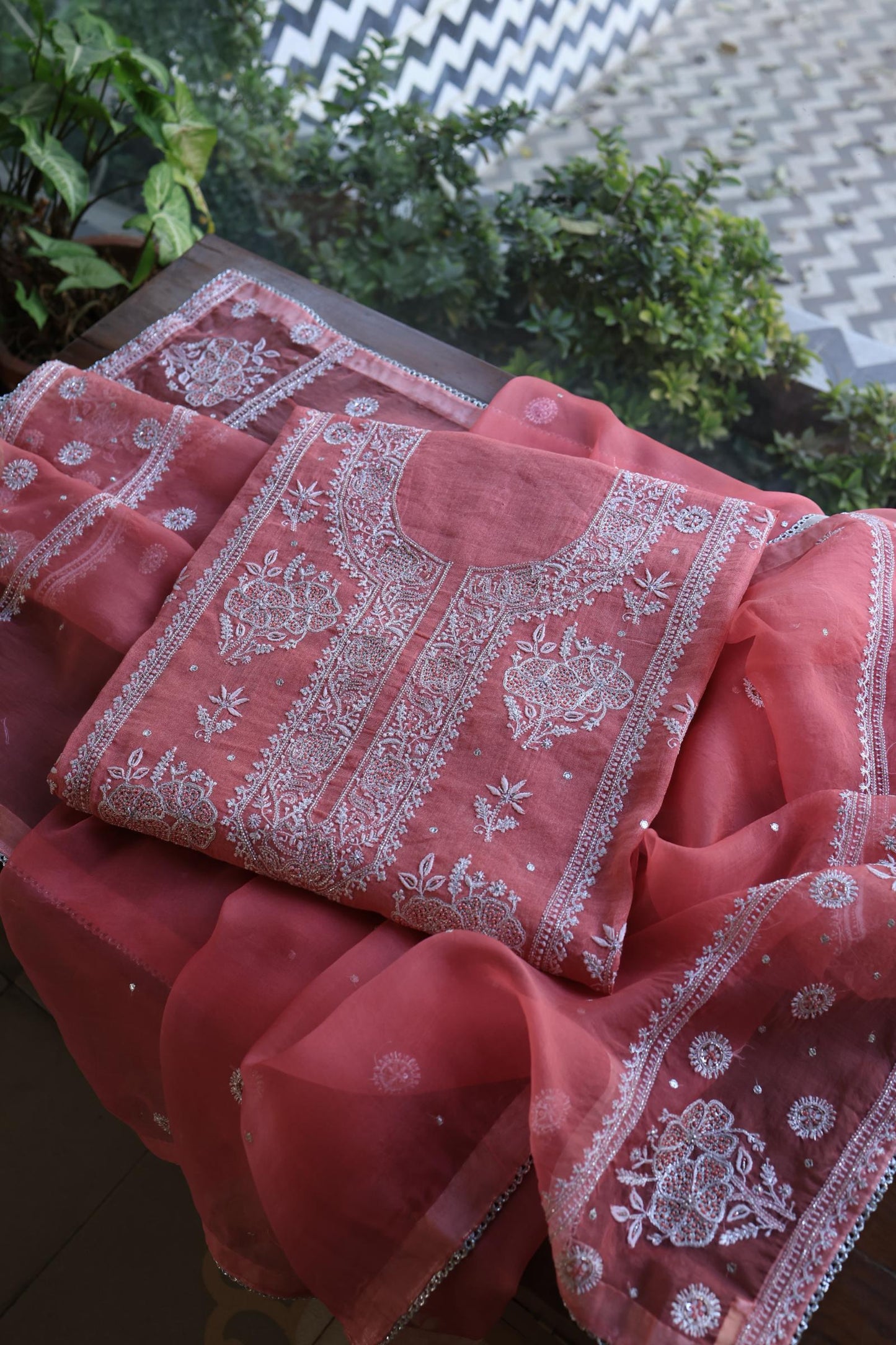 Tulip Pink Shade Silver Tissue Silk Chikankari Unstitched Fabric