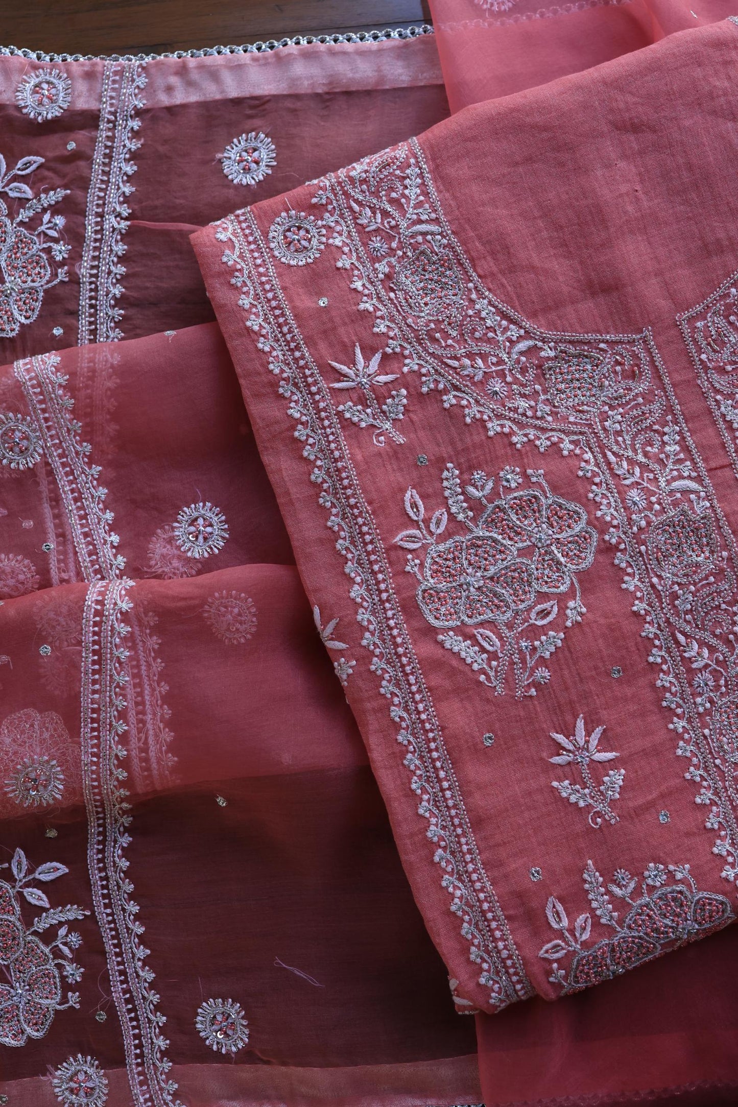 Tulip Pink Shade Silver Tissue Silk Chikankari Unstitched Fabric