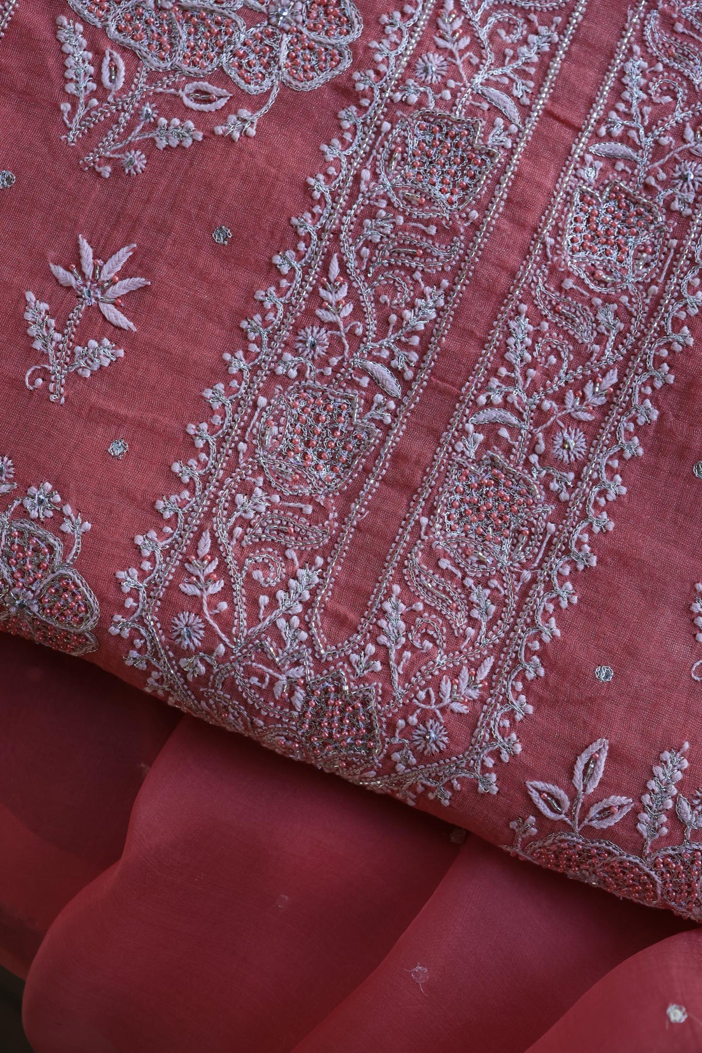 Tulip Pink Shade Silver Tissue Silk Chikankari Unstitched Fabric