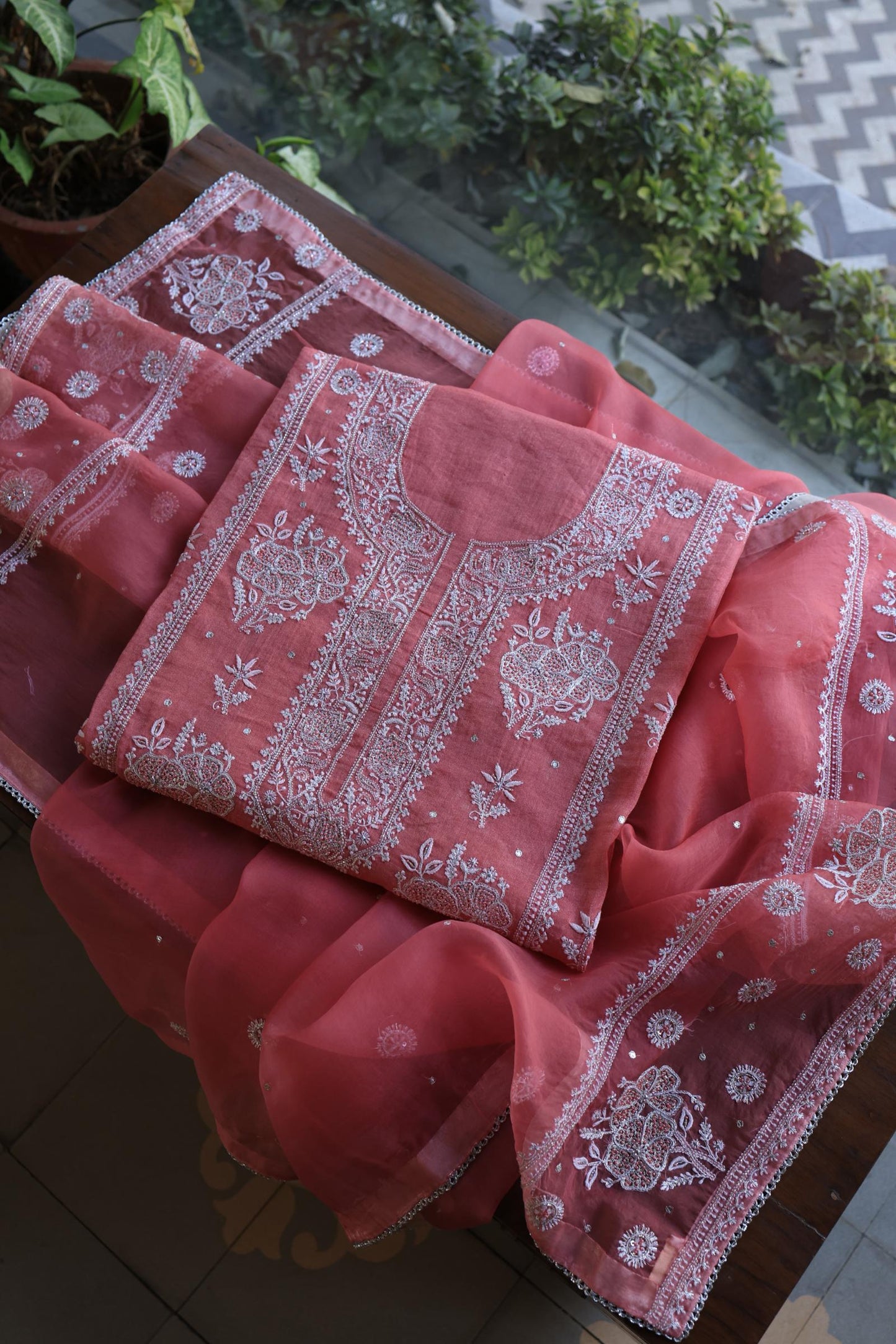 Tulip Pink Shade Silver Tissue Silk Chikankari Unstitched Fabric