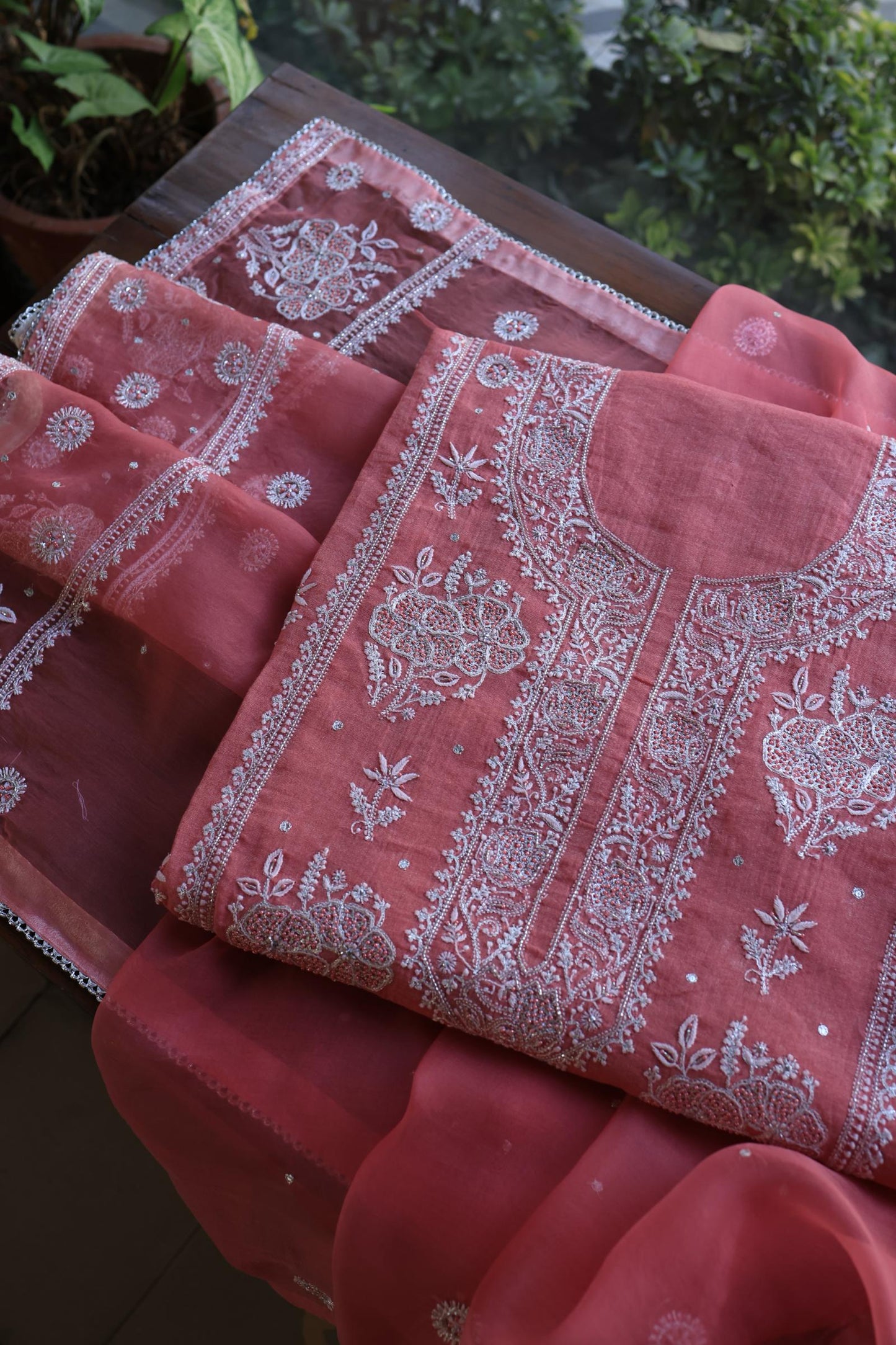 Tulip Pink Shade Silver Tissue Silk Chikankari Unstitched Fabric