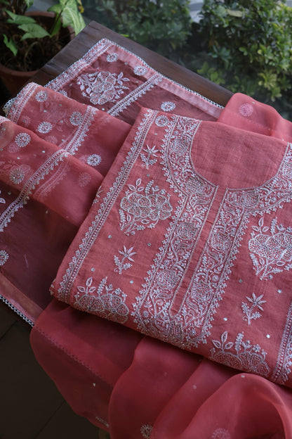 Tulip Pink Shade Silver Tissue Silk Chikankari Unstitched Fabric