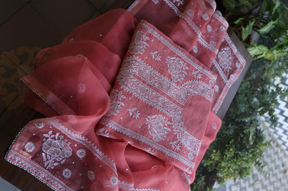 Tulip Pink Shade Silver Tissue Silk Chikankari Unstitched Fabric