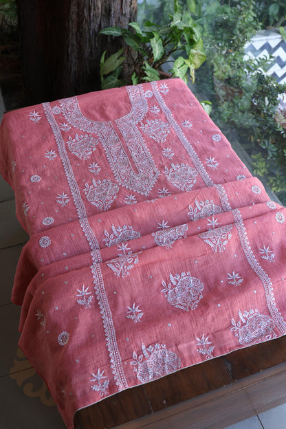 Tulip Pink Shade Silver Tissue Silk Chikankari Unstitched Fabric