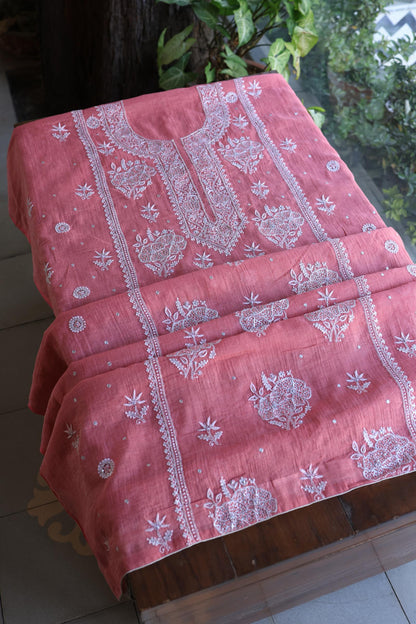 Tulip Pink Shade Silver Tissue Silk Chikankari Unstitched Fabric