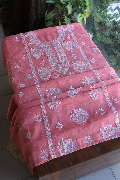 Tulip Pink Shade Silver Tissue Silk Chikankari Unstitched Fabric