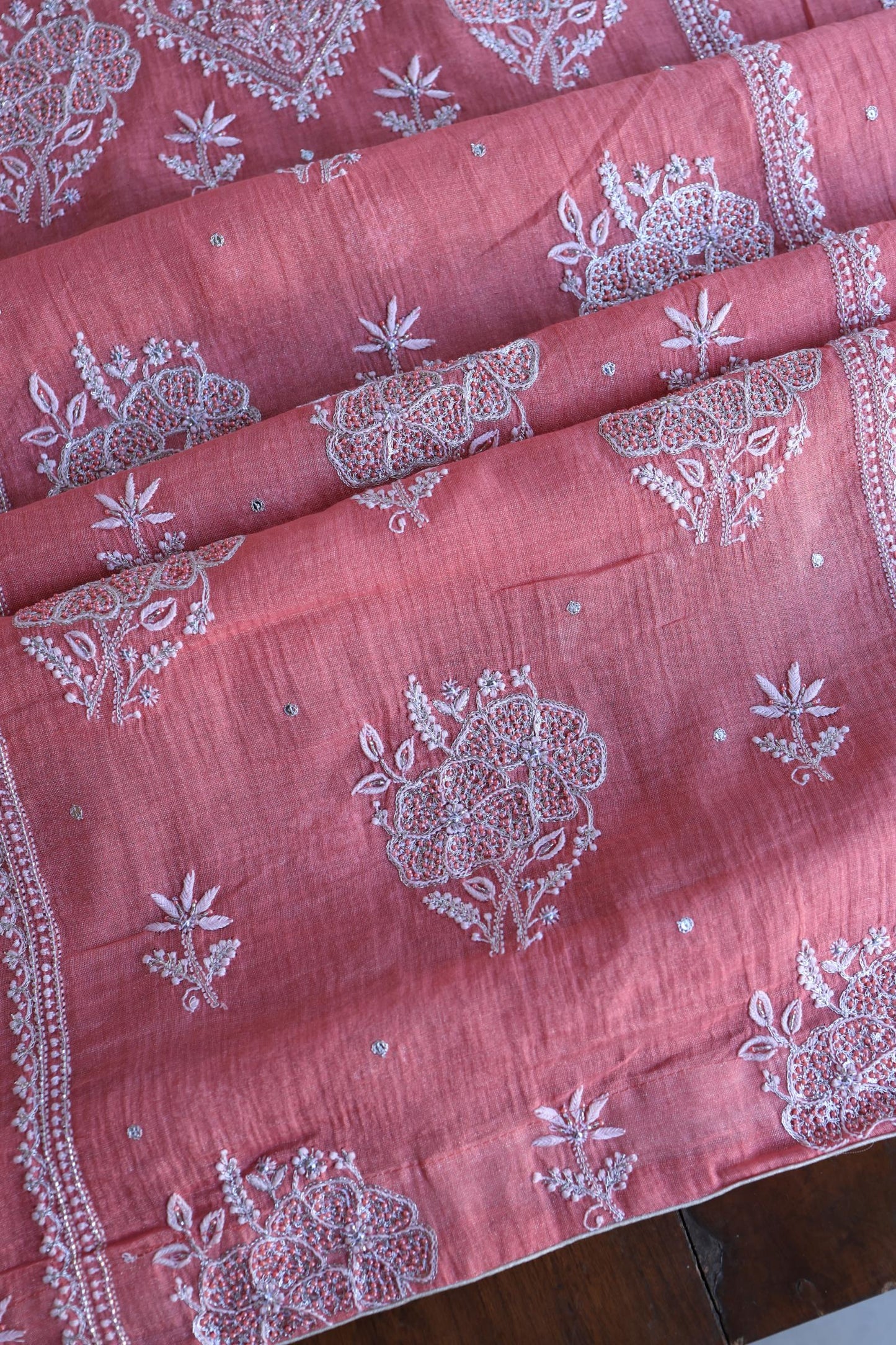 Tulip Pink Shade Silver Tissue Silk Chikankari Unstitched Fabric