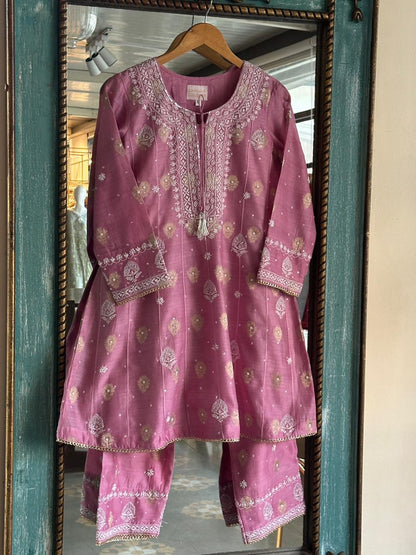 Tulip Pink Zari Chanderi Chikankari Co-Ord Set