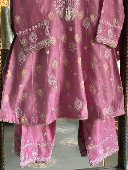 Tulip Pink Zari Chanderi Chikankari Co-Ord Set