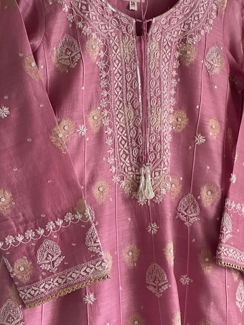 Tulip Pink Zari Chanderi Chikankari Co-Ord Set