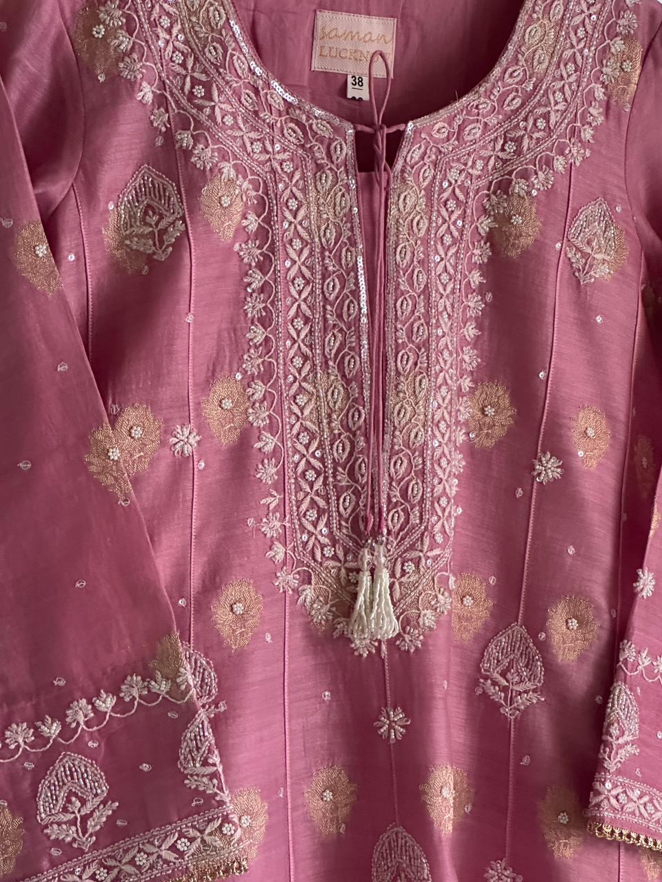 Tulip Pink Zari Chanderi Chikankari Co-Ord Set