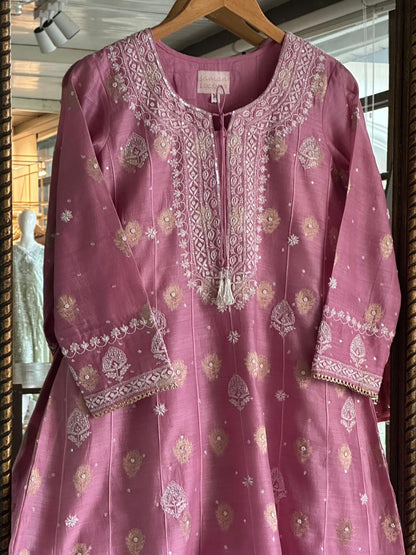 Tulip Pink Zari Chanderi Chikankari Co-Ord Set
