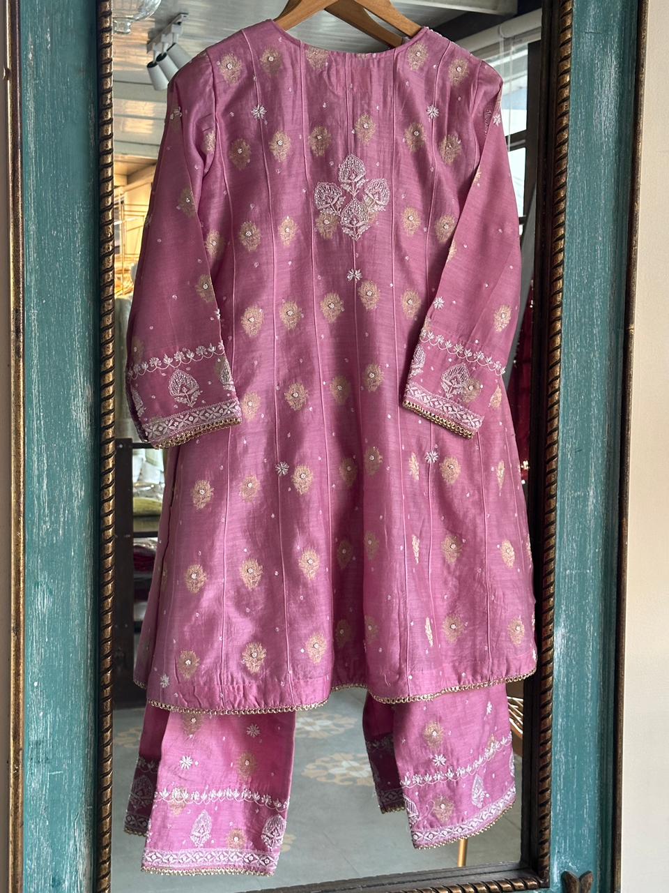 Tulip Pink Zari Chanderi Chikankari Co-Ord Set