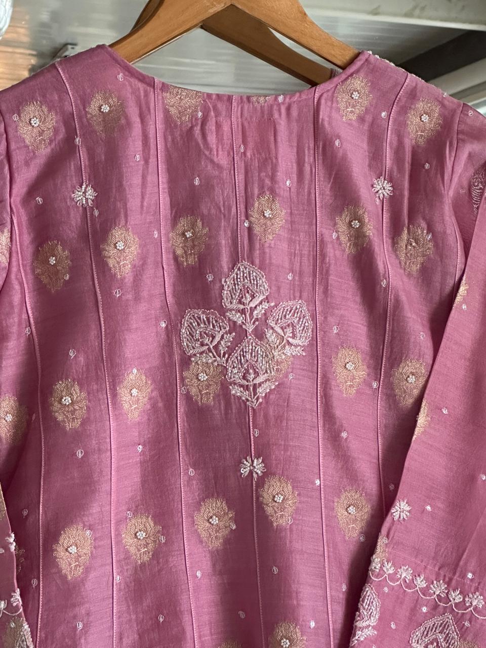 Tulip Pink Zari Chanderi Chikankari Co-Ord Set