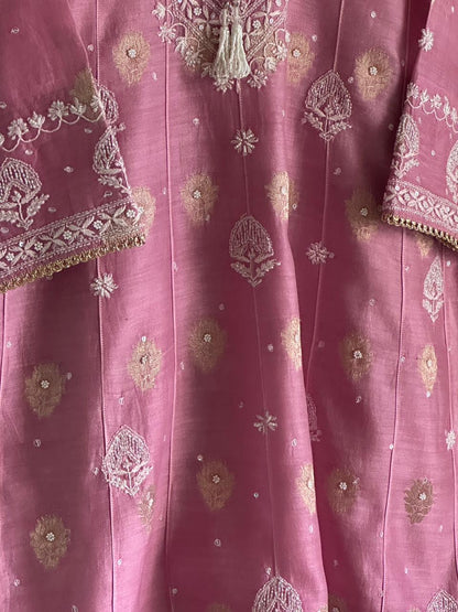 Tulip Pink Zari Chanderi Chikankari Co-Ord Set