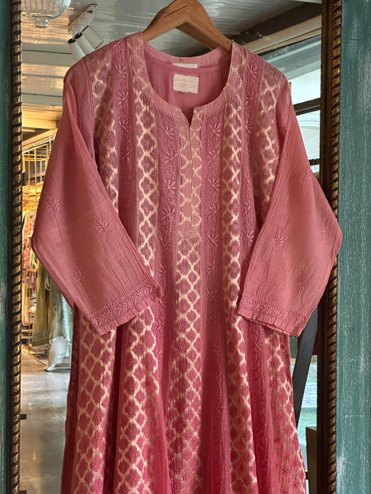 Tulip Pink Zari Chanderi Chikankari Ready to Wear Tunics