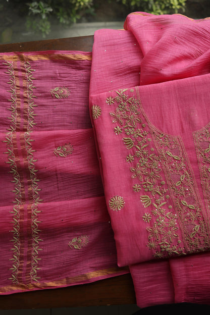 Tulip Pink & Beige Shade Mal Cotton Chikankari Unstitched Kurta Dupatta Fabric With Kamdani